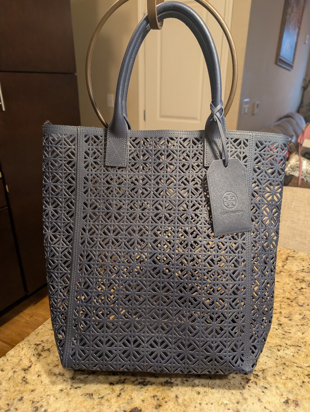 Tory Burch Navy Blue Laser Cute Lattice Tote Bag